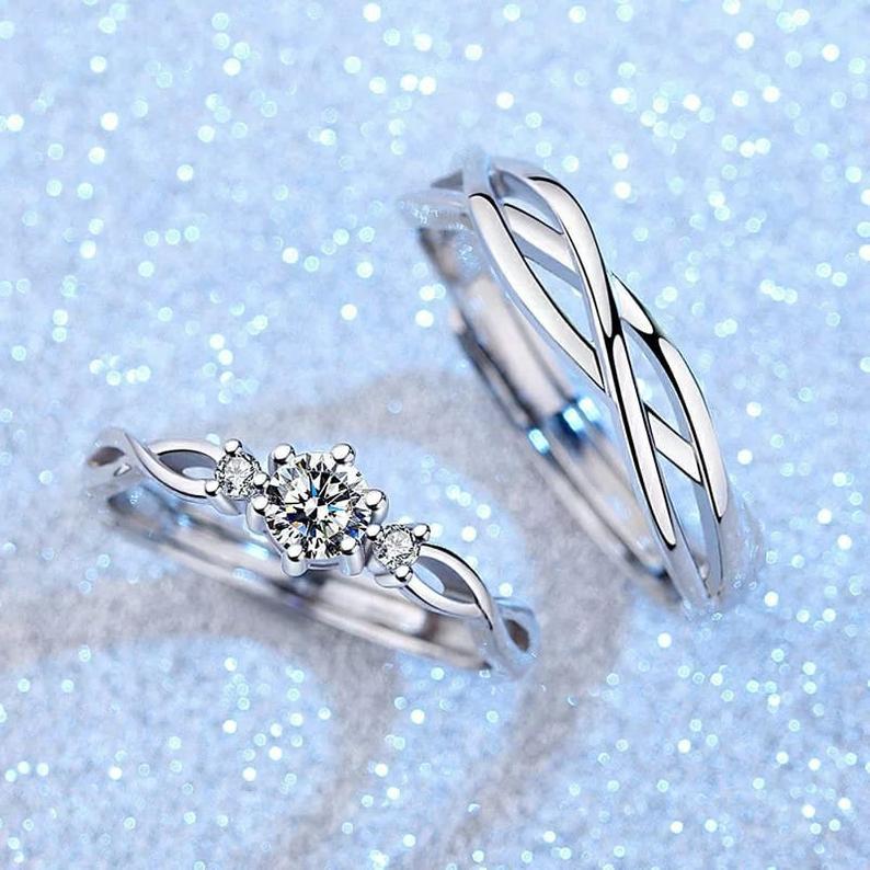 Adjustable Silver Couple Promise Braid Zircon Matching Ring set
