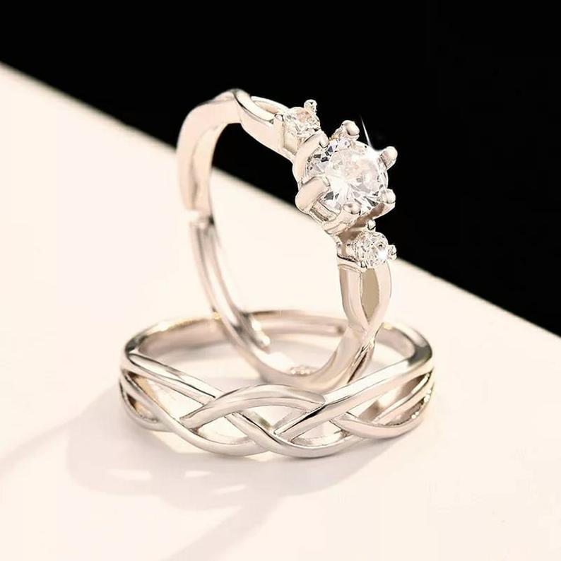 Adjustable Silver Couple Promise Braid Zircon Matching Ring set