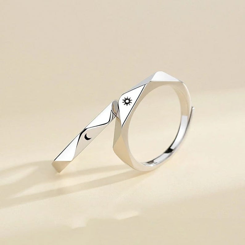 Silver Angle Cut Couple Moon and Sun Promise Adjustable Ring set