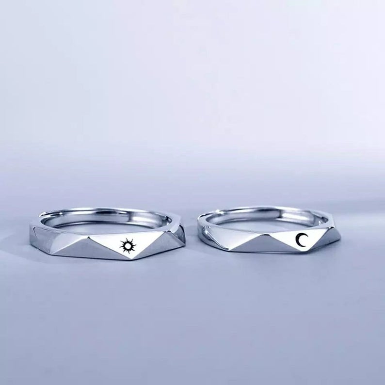 Silver Angle Cut Couple Moon and Sun Promise Adjustable Ring set
