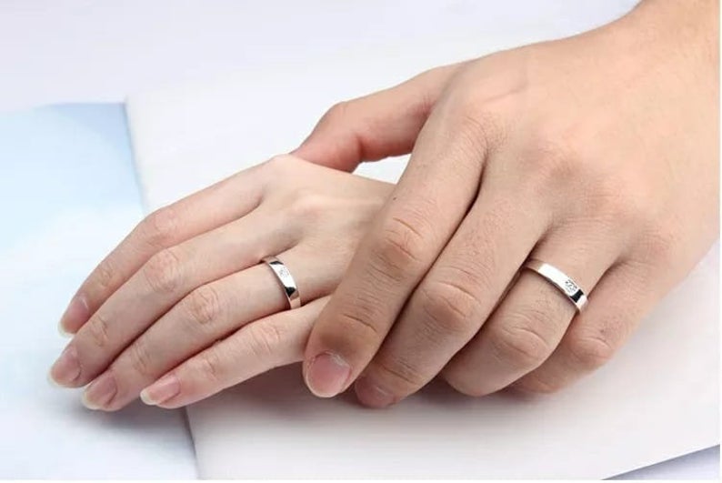Adjustable Silver Couple Heart Zircon Promise Ring Set