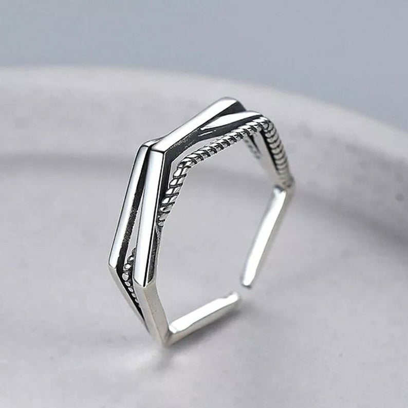 Silver Plated Geometric Hexagon Stackable Slim Band Ring — Boho Jewellery UK | The Colourful Aura