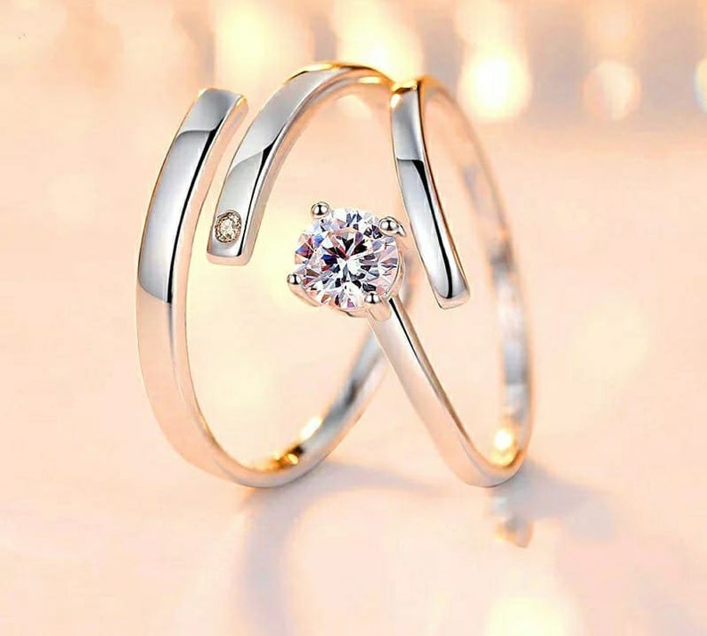 Silver Couple Parallel Promise Ring Set