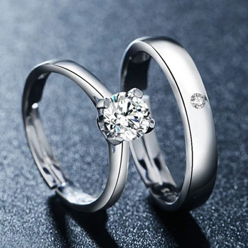 Adjustable Silver his and hers Zircon Couple promise Ring