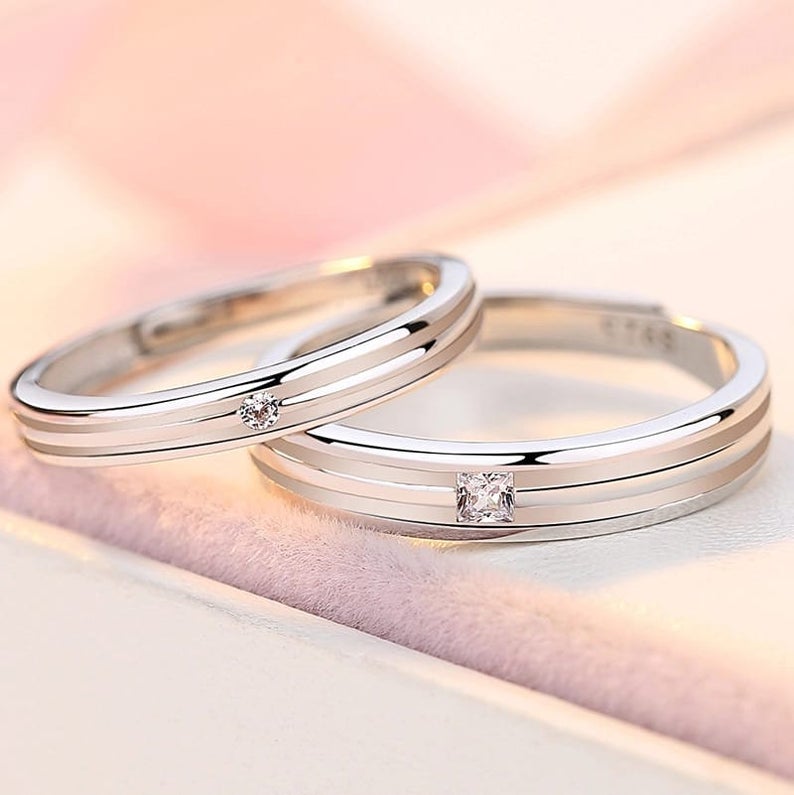 Silver Couple Promise Parallel lines Single Zircon Matching Rings
