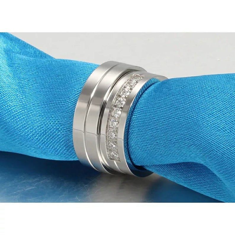 Silver Couple His and Hers Zircon Wide Band Promise Set