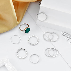 10 Pieces Silver Stackable Green Stone Retro Multi Finger Boho Ring Set detail view 5 — Boho Jewellery UK | The Colourful Aura