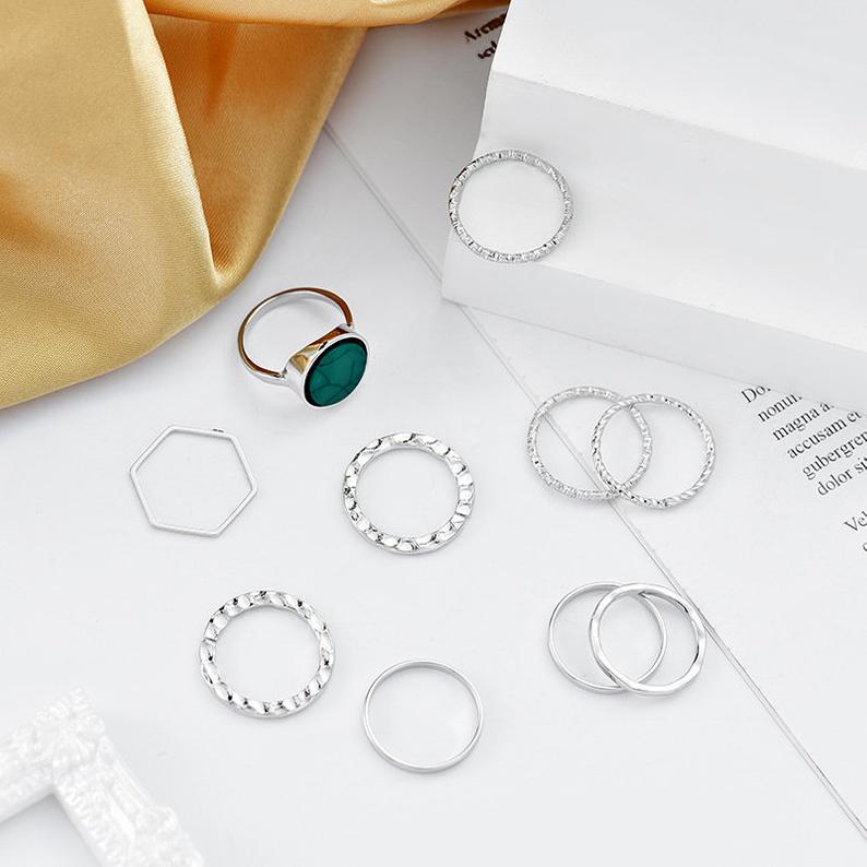 10 Pieces Silver Stackable Green Stone Retro Multi Finger Boho Ring Set detail view 5 — Boho Jewellery UK | The Colourful Aura