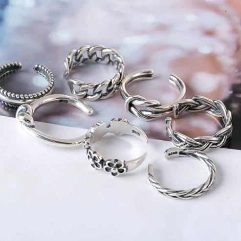 7 Pcs Silver Bohemian Adjustable Silver Midi Band Dainty Toe Ring Set