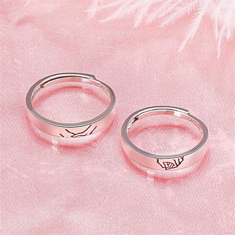 Adjustable Hand Holding Matching Couple Band Promise Ring Set