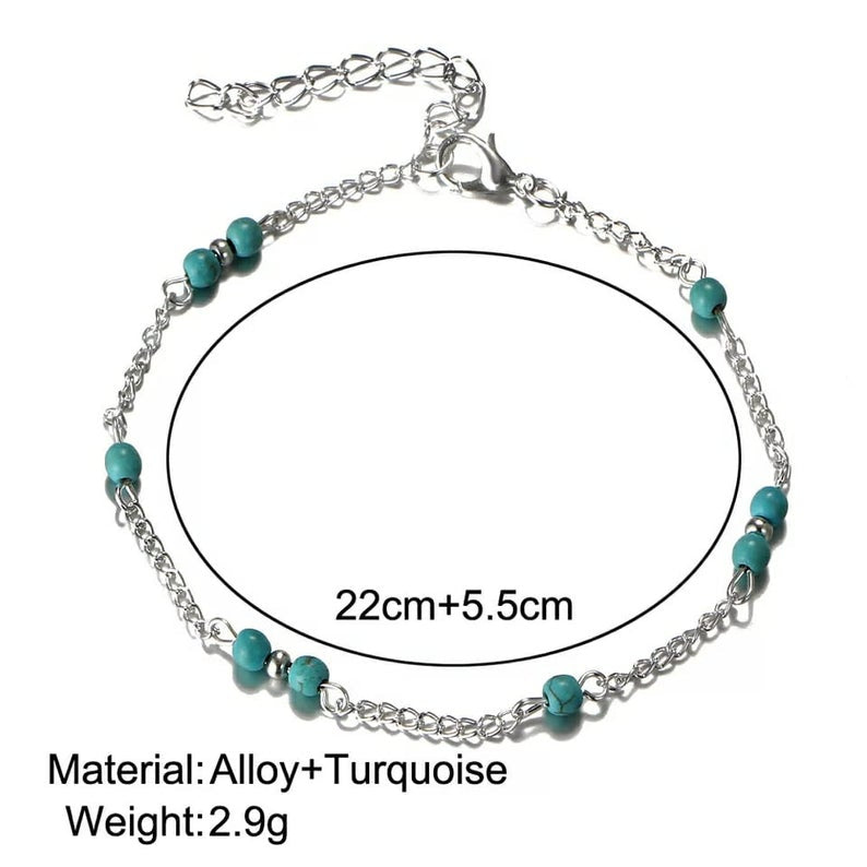 Turquoise Silver Beaded Sea Beach Surf Summer Anklet