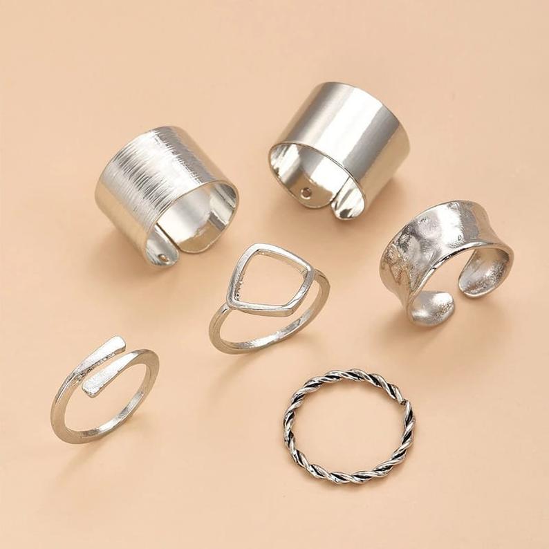6 Piece Wide Adjustable Band Boho Midi Thick Cuff Rings Ring Set