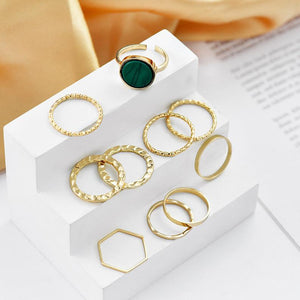 10 Pieces Silver Stackable Green Stone Retro Multi Finger Boho Ring Set detail view 2 — Boho Jewellery UK | The Colourful Aura