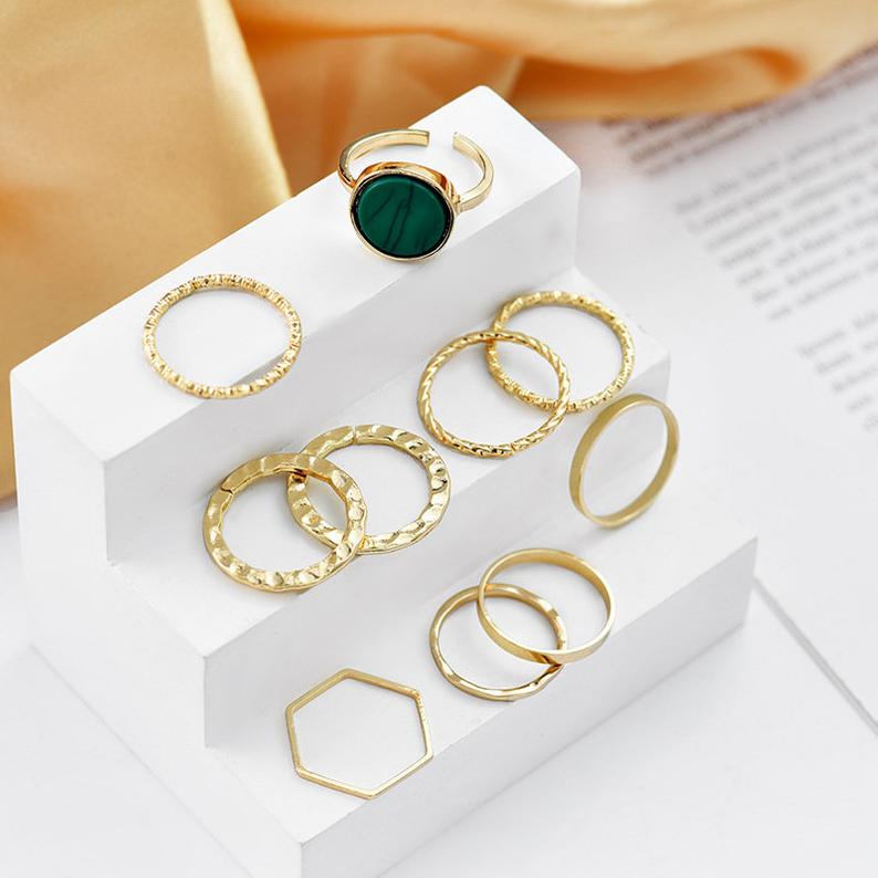 10 Pieces Silver Stackable Green Stone Retro Multi Finger Boho Ring Set detail view 2 — Boho Jewellery UK | The Colourful Aura