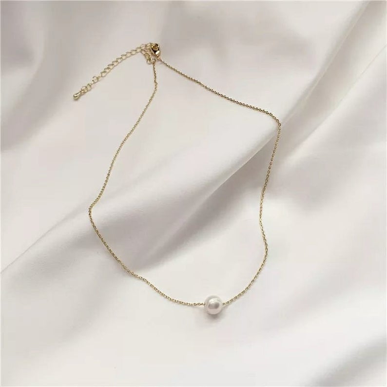 Gold Silver Plated Single White Pearl Minimalist Floating Pendant Necklace