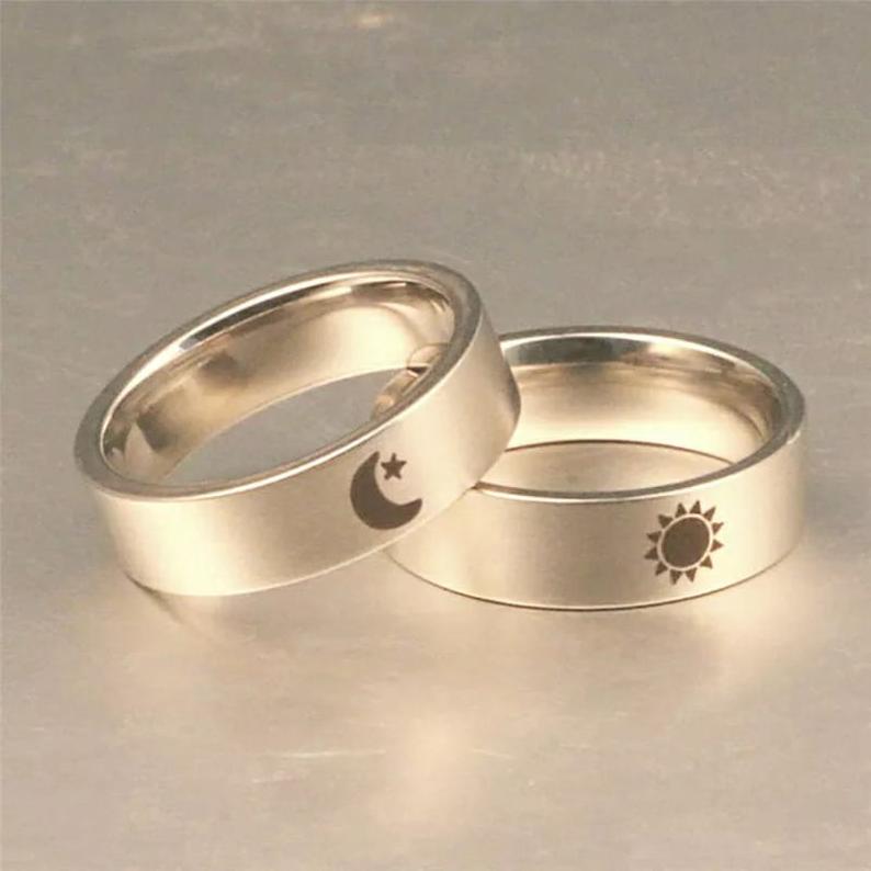 Stainless Steel Couple Moon and Sun Promise Wedding Band Ring Set