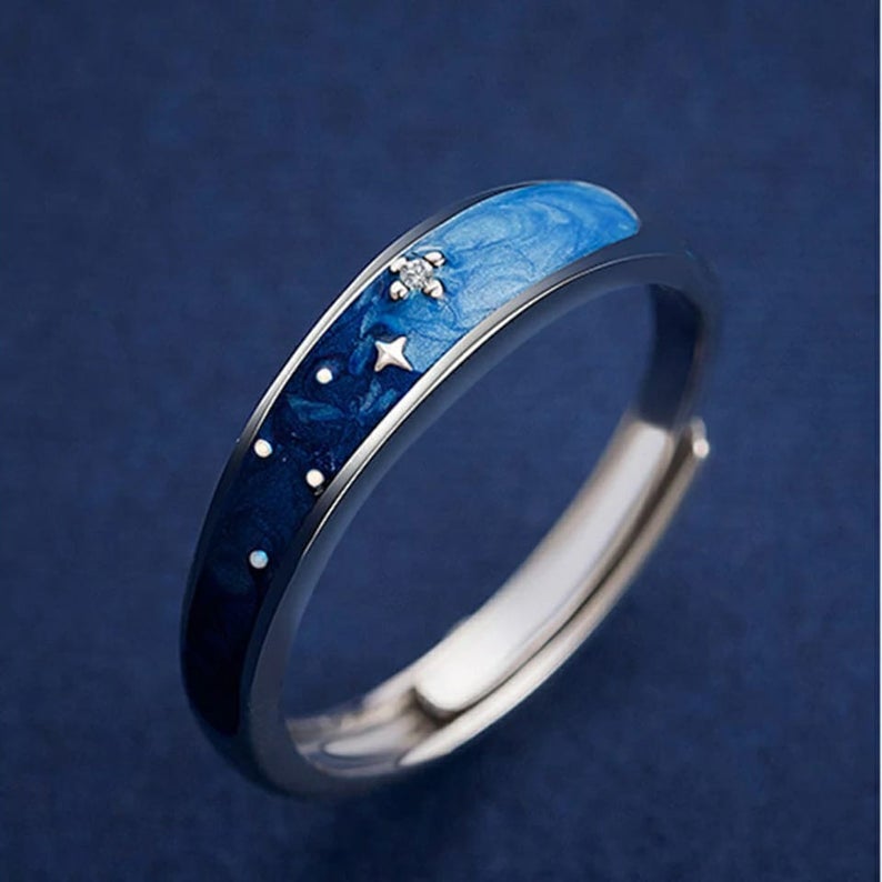 Silver Blue Star Couple Space Adjustable Promise Ring Set