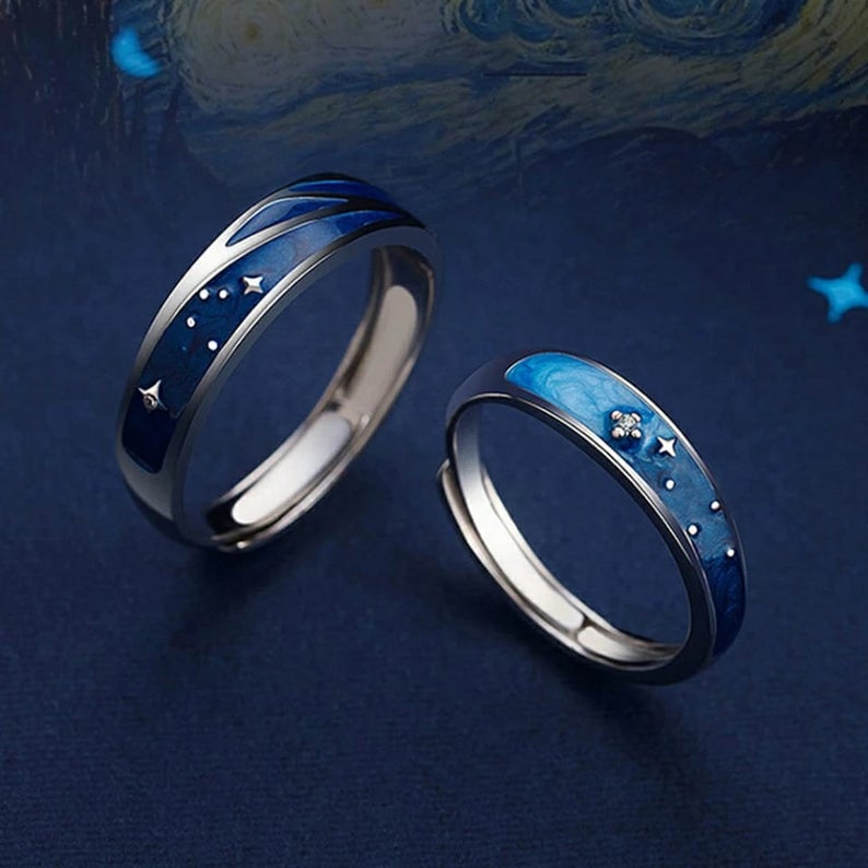 Silver Blue Star Couple Space Adjustable Promise Ring Set