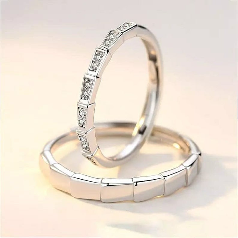 Silver Couple Adjustable Promise Eternity Matching Ring Set