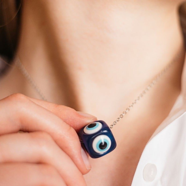 Evil Eye Dice Square Bead Minimalist Adjustable Pendant Protection Necklace