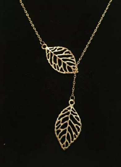 Gold Silver Twin Filigree Leaf Y shape Lariat Adjustable Necklace