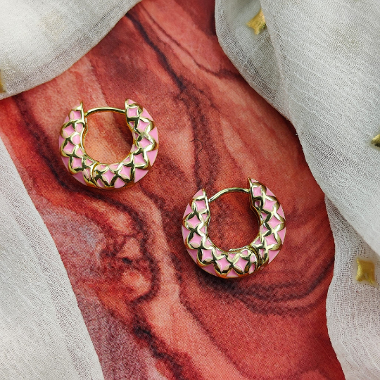 Pink Stainless Steel Medium Black Enamel Huggie Multicolour Dainty Hoop Earrings (Close-up Detail) | The Colourful Aura