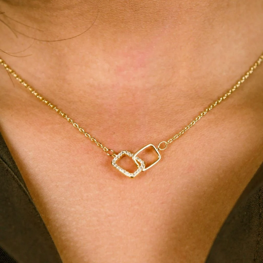 925 Silver Square Interlocking Zircon Square Necklace for Women