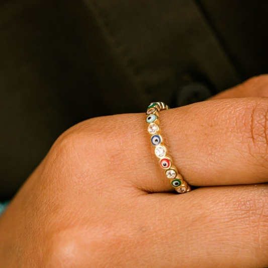Adjustable Multicolour Evil Eye Slim Stacking Protection Ring