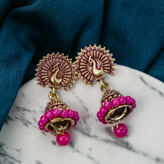 Small Red Intricate Peacock Colourful Indian Ethnic Boho Festival Bridal Jhumkis