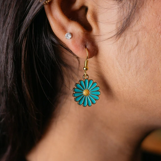 Blue Sunflower Floral Charm Sun Flower Dainty Boho Floral Hook Drop Earrings — Boho Jewellery UK | The Colourful Aura
