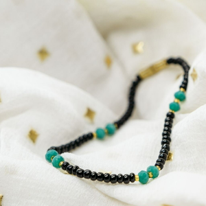 Green Multicolour Black Silver Beaded Indian Nazar Magalsutra Everyday Bracelet (Close-up Detail) | The Colourful Aura
