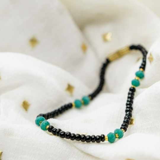 Green Multicolour Black Silver Beaded Indian Nazar Magalsutra Everyday Bracelet (Close-up Detail) | The Colourful Aura