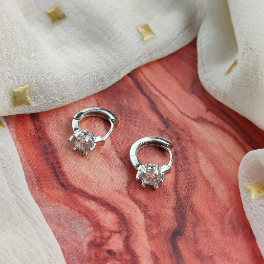 Sterling Silver Small Circle Zircon Dainty Statement Huggie Stud Hoop Earrings (Close-up Detail) | The Colourful Aura