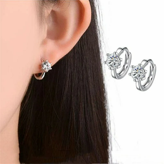 Sterling Silver Small Circle Zircon Dainty Statement Huggie Stud Hoop Earrings (Close-up Detail) | The Colourful Aura