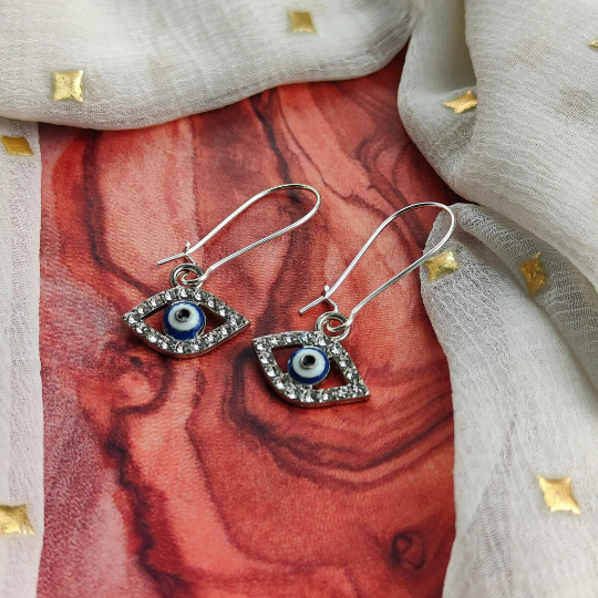 Long Silver Evil Eye Huggie Dainty Zircon Devil Eye Charm Latch Back Earrings