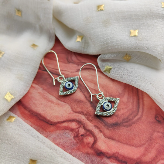 Long Silver Evil Eye Huggie Dainty Zircon Devil Eye Charm Latch Back Earrings