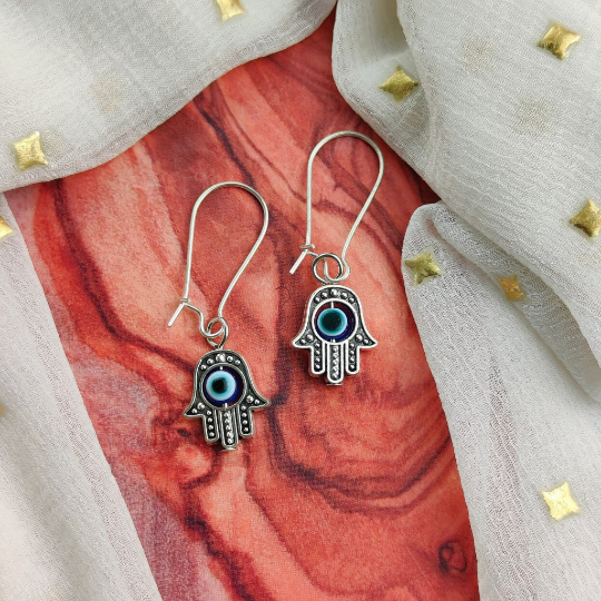 Long Silver Evil Eye Dainty Fatima Hand Hamsa Huggie Latch Back Boho Earrings