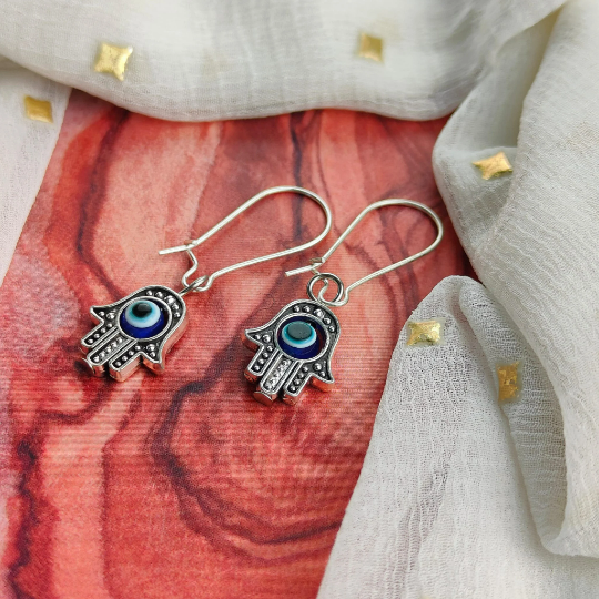 Long Silver Evil Eye Dainty Fatima Hand Hamsa Huggie Latch Back Boho Earrings