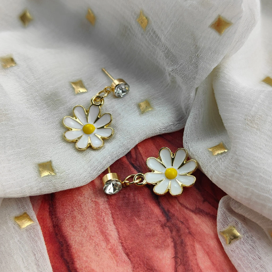 White Daisy Sun Flower Zircon Dangle Drop Summer Floral Handmade Stud Earrings