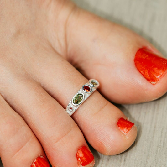 925 Silver Green Red Oval Stone Bohemian Foot Midi Toe Ring