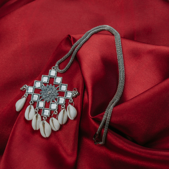 Oxidised Silver Cowrie Mirror Bohemian Statement Dangle Pendant Temple Necklace