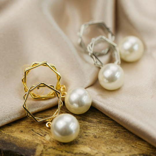 Gold Hexagon Freshwater Single White Large Pearl Dainty Drop Dangle Stud Earring