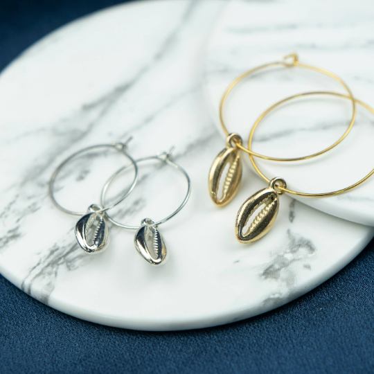 Gold Lightweight Silver Cowrie Charm Beach Sea Shell Hoop Dainty Earrings