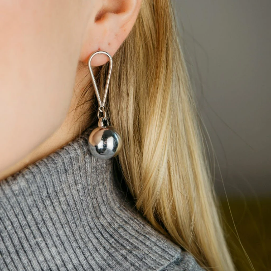 Large Silver Christmas Ball Latch Back Dangle Drop Geometric Sphere Earring