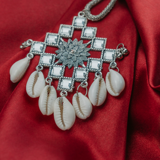 Oxidised Silver Cowrie Mirror Bohemian Statement Dangle Pendant Temple Necklace