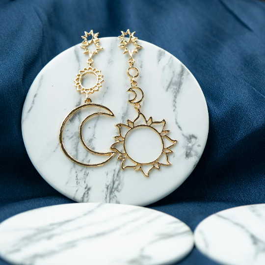 Large Gold Sun and Half Moon Star Dangle Drop Statement Boho