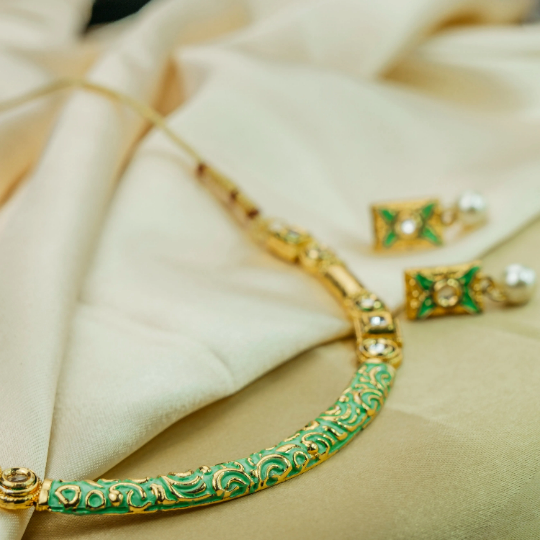 Green Half Moon Enamel Colourful Indian Meenakari Ethnic Choker Necklace Set