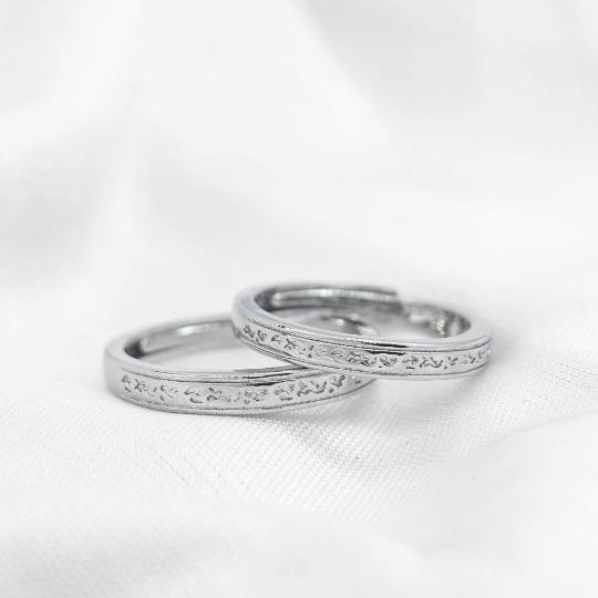 Adjustable Silver Engraved Couple Promise Ring Set