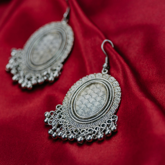 Silver Victorian Mirror Oval Dangle Oxidised Boho Ghungroo Drop Ethnic Earring