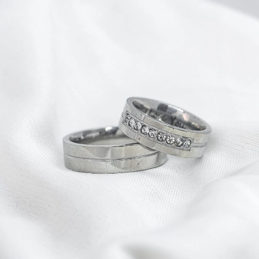 Silver Couple His and Hers Zircon Wide Band Promise Set